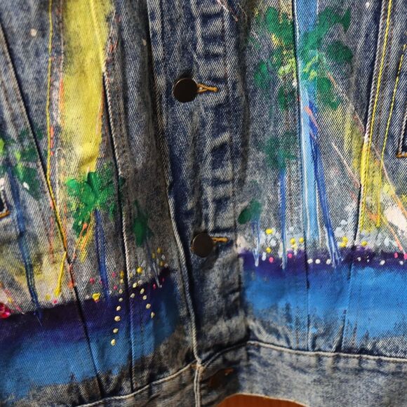 Vintage 80s Sport Deco Hand Painted Hollywood Denim Jacket Sequins Medium - Picture 11 of 16
